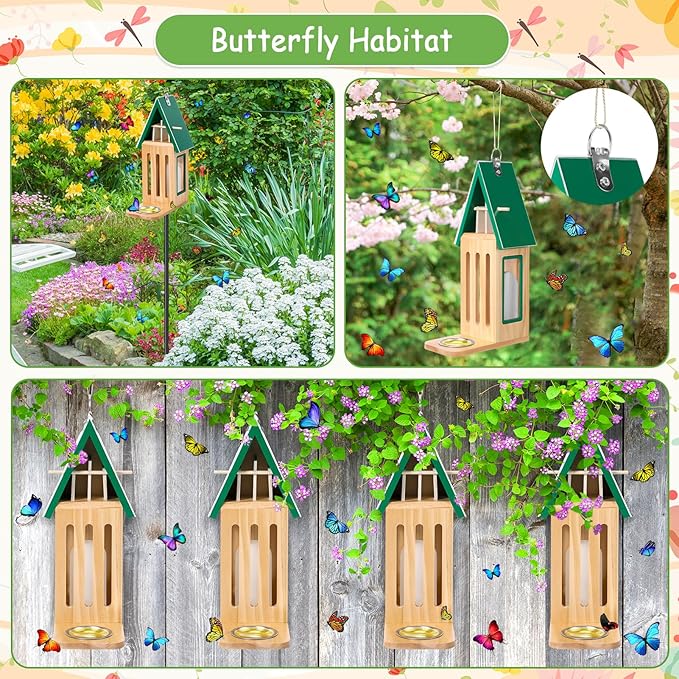 New Upgraded Butterfly House and Feeder for Outside - Wooden Butterfly House with Metal Stake for Garden Backyard, Natural Butterflies Habitat with Puddler on Floor or Hanging on Tree Wall