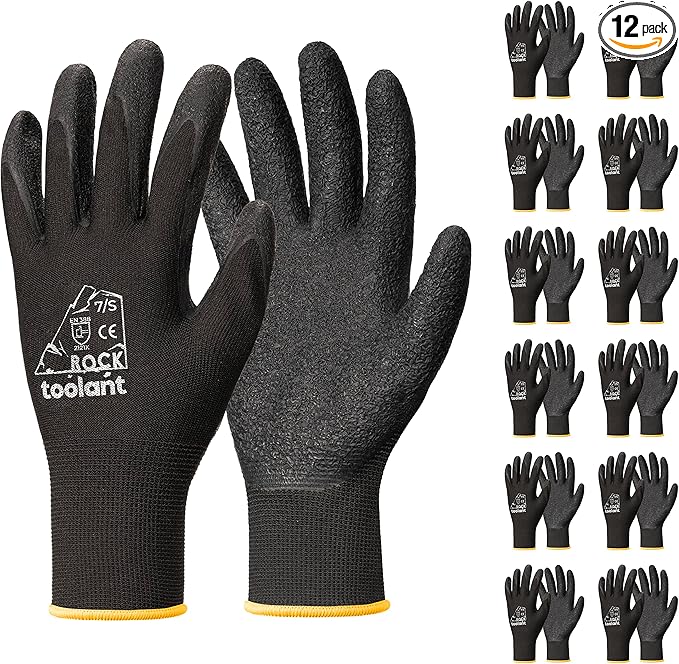 toolant Crinkle Latex Work Gloves Bulk, Rubber Coated Safety Work Gloves for Men and Women, 12 Pairs for Construction, Gardening, Warehouse (Black, Small)