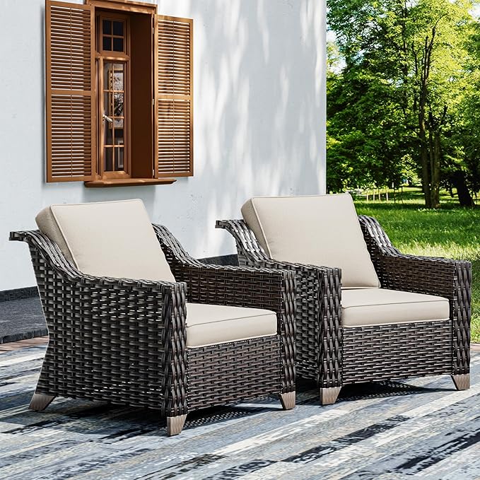 Joyside Wicker Patio Chairs Set of 2, Outdoor Rattan Furniture with Wide Armrest and Thick Cushions, Upgraded Large Size for Backyard, Garden, Poolside