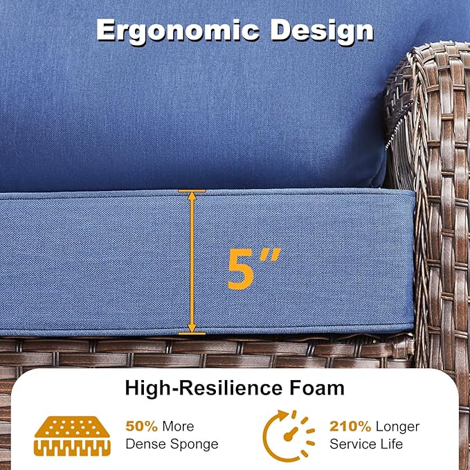 Patio Furniture Set, All Weather 3 Pieces Wicker Outdoor Small Sectional Set, 5" Thick Rattan Conversation Set with 3-seat Sofa and Ottoman for Lawn, Garden, Blue/Brown Wicker