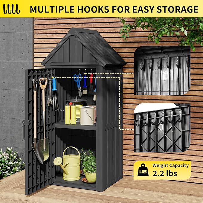 Outdoor Resin Storage Shed, Upgrade Durable Storage Cabinet with Removable Shelves and Lock Ring, Reinforced Floor, All-Weather Construction for Garden Patio Lawn (Black)