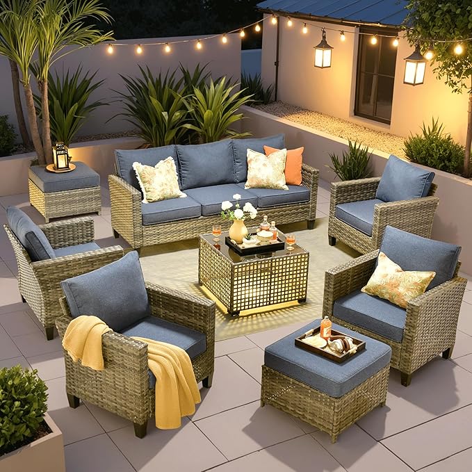 ovios 8 Pieces Patio Furniture Set Outdoor Sofa Couch with Solar Lights Table Comfy Cushions, Modern Deep Seat Wicker Rattan Conversation Set for Porch Deck, Denim Blue