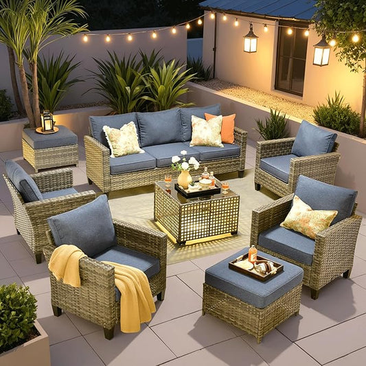 ovios 8 Pieces Patio Furniture Set Outdoor Sofa Couch with Solar Lights Table Comfy Cushions, Modern Deep Seat Wicker Rattan Conversation Set for Porch Deck, Denim Blue
