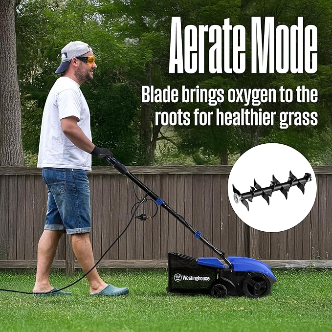 Westinghouse 13-Inch 12 Amp 2-in-1 Corded Electric Dethatcher and Aerator with 8 Gallon Thatch Collection Bag, 4-Position Depth Adjustment, Foldable Handle