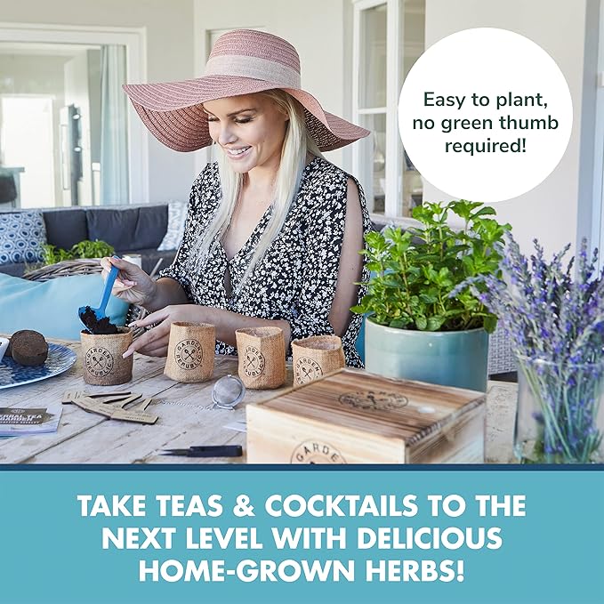 Indoor Herb Garden Seed Starter Kit - Herbal Tea Growing Kits, Grow Medicinal Herbs Indoors, Seeds for Planting, Soil, Plant Markers, Pots, Infuser, Planter Box, Gardening Gifts for Women