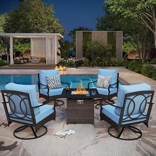 Patio Furniture Set with 32" Fire Pit Table, Patio Conversation Sets 4 Swivel Chairs with Thick Cushion and 50000 BTU Fire Pit Table (5 Pieces,Blue