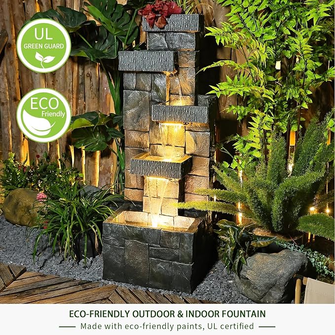 Garden Fountains Outdoor Water Fountain - 44.5 Inches 4 Tired Modern Indoor Floor Standing Outdoor Fountain with Lights Pump for Garden Patio Backyard Porch Home Art Decor, Dark Gray
