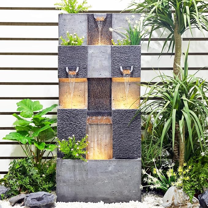 44.8" H Modern Outdoor Water Fountain with LED Lights and Pump, Mutiply-Tier Standing Cascading Waterfall - Modern Design for Garden,Patio,Yard, Multi-Level Outdoor Decor (Gray)