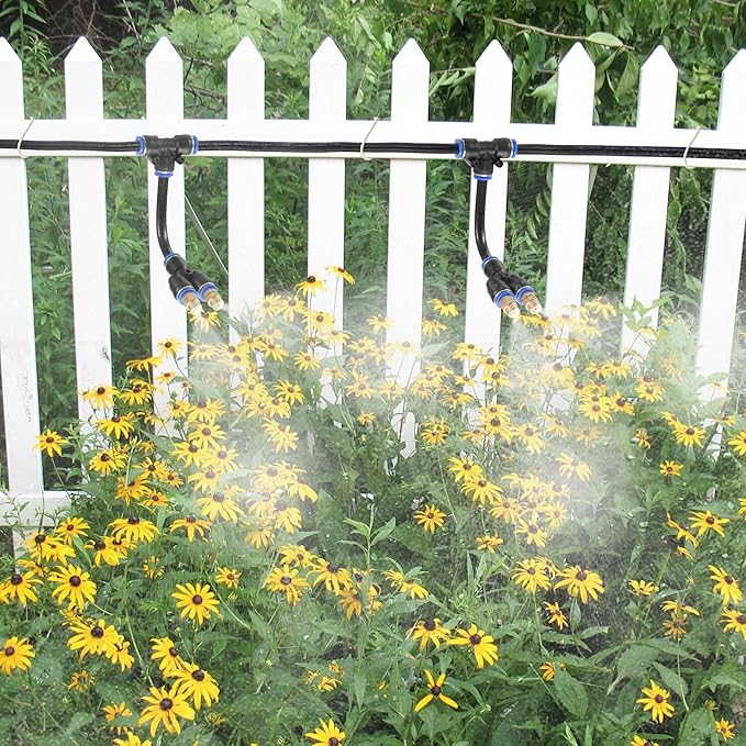 Mornajina 3Packs 2 Way Brass Misting Nozzles Tee with 5inch Built in Hose for Outdoor Cooling System, Adjustable 360° Rotation, Water Mister Nozzles Thread Sprayer 0.043" (1.1 mm)