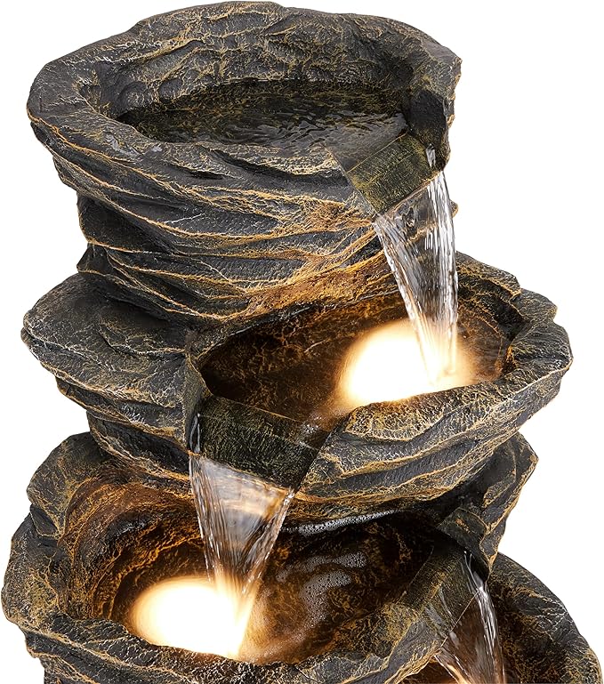 Alpine Corporation GIL110 Outdoor 5 Tiered Natural Look Rock Water Floor Fountain with Replaceable Lights,39" H, Brown