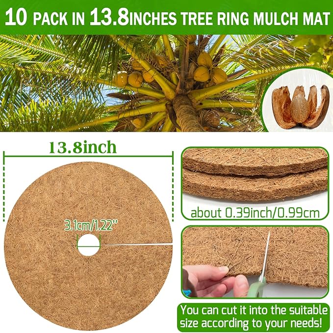 ZeeDix 10 Pack 14 Inch Coconut Fiber Mulch Ring, 100% Natural Coco Coir Tree Ring Mulch Mat Plant Protector Mat, Coconut Coir Discs Plant Pot Soil Cover for Indoor Outdoor Plants, Garden Decoration