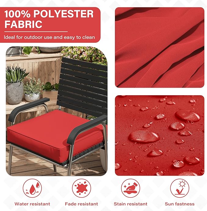 Patio Chair Cushions 22 X 22 X 4 Inch Waterproof Outdoor Seat Cushions for Patio Furniture, Outdoor Sofa Couch Pads with Ties & Handle, Set of 2, Red