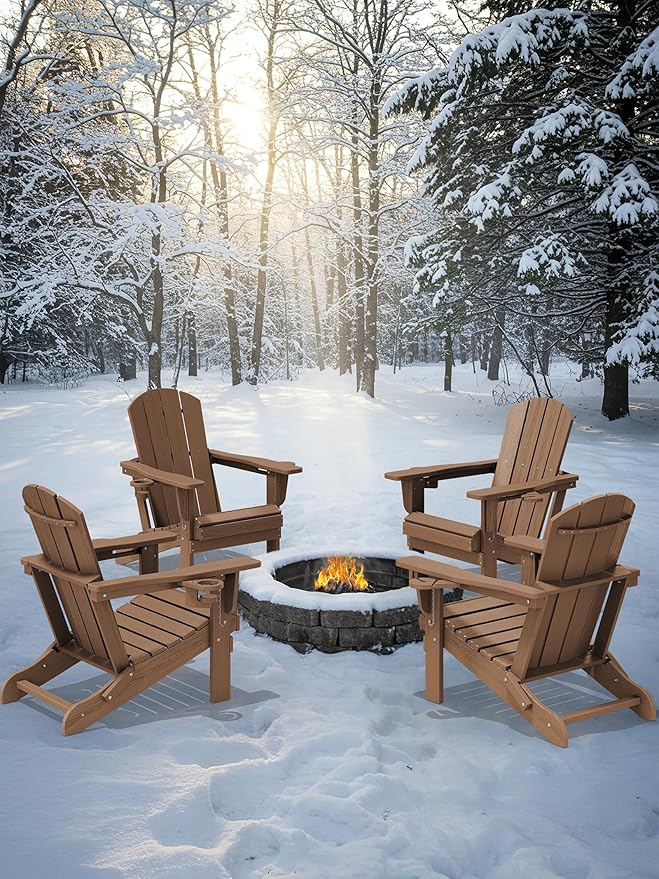 KINGYES Folding Adirondack Chair Set of 4, Dual Cup Holders & All-Weather HDPE, Wood-Like Patio Chair for Backyard, Camping, Pool & Fire Pit, Brown