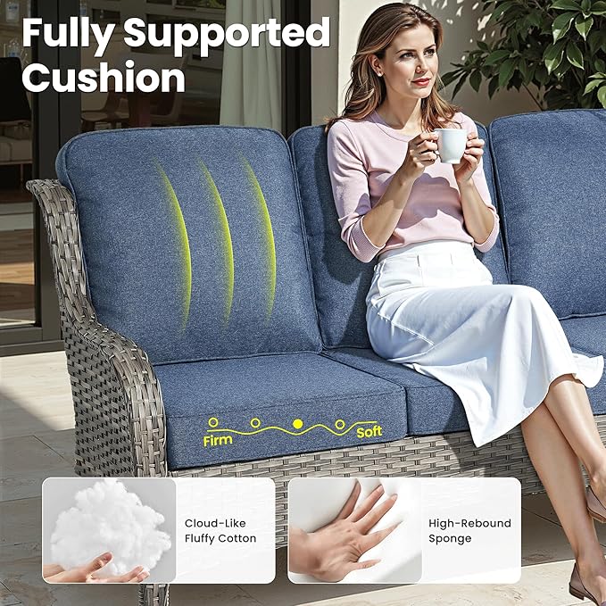 ovios 5 Pieces Patio Furniture Set, Outdoor Wicker Sofa Couch with Swivel Chairs Solar Lights Table, High Back All Weather Modern Conversation Sets, Grey Rattan, Denim Blue