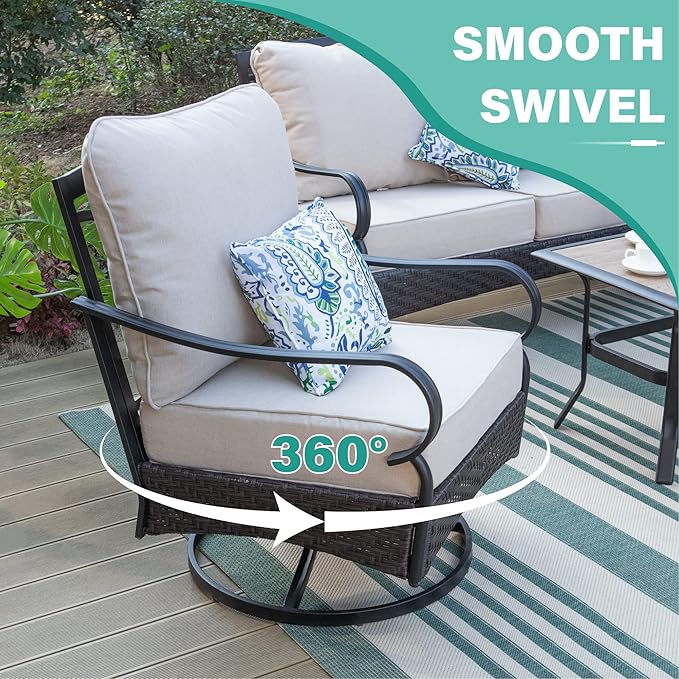 MFSTUDIO Outdoor Patio Furniture Set, 7 PCS Metal Patio Conversation Sets for 9, Modern Patio Sectional Set with 3-Seat Sofa, Loveseat, 2 Swivel Sofa Chairs, 2 Ottoman, 1 Coffee Table