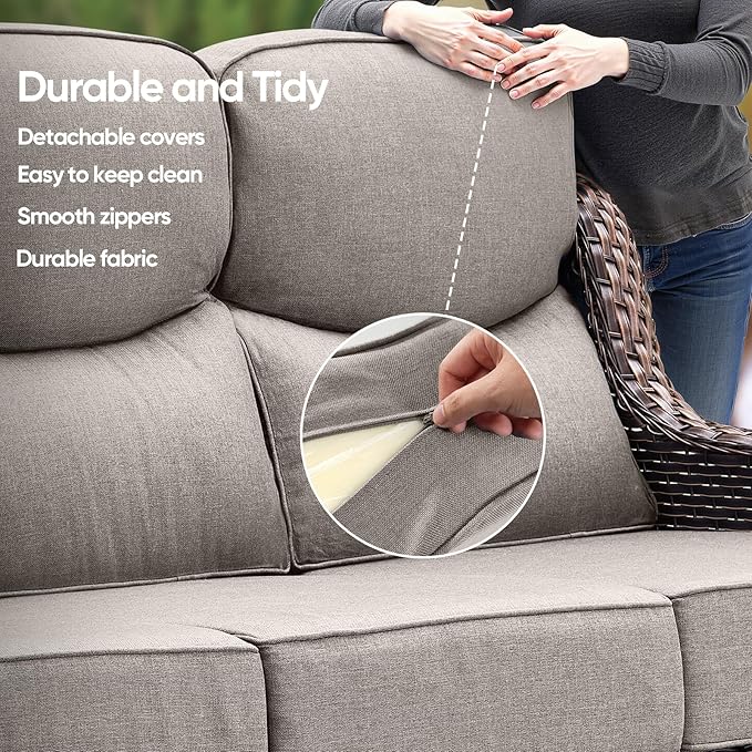 Swivel Patio Chairs sofa Set of 5 with 6" Thick Cushion - Wicker Outdoor Swivel Rocker Patio Chair ,Sofa/Glass coffee table, High Back Comfortable Outdoor Glider Chairs - Brown Wicker Grey Cushions