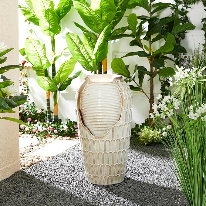 Glitzhome 28.25" H Oversized Ceramic Petals Textured Jar Outdoor Water Fountain, Vintage Sand Beige Glaze Vase Patio Garden Waterfall Fountain with LED Light and Submersible Pump