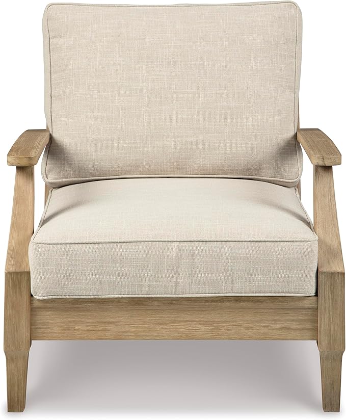 Signature Design by Ashley Clare View Outdoor Eucalyptus Wood Single Cushioned Lounge Chair, Beige
