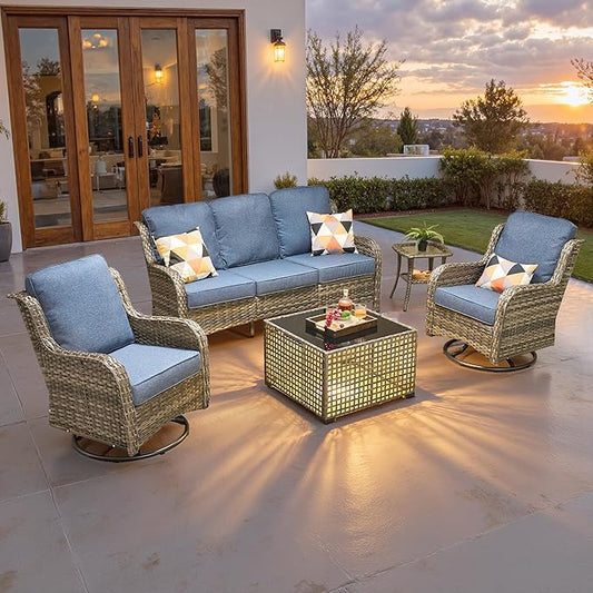 ovios 5 Pieces Patio Furniture Set, Outdoor Wicker Sofa Couch with Swivel Chairs Solar Lights Table, High Back All Weather Modern Conversation Sets, Grey Rattan, Denim Blue