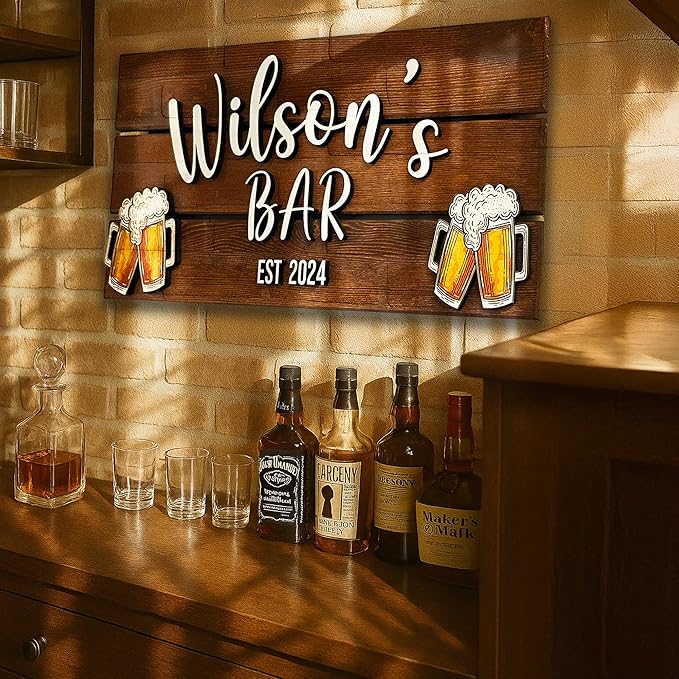 Personalized Wooden Bar Sign with Family Name, Coffee Bar Signs for Kitchen Decor, Business Sign with Established Date, Rustic Wooden Wall Decor, Custom Bar Name Plaque, Gift for Bar Owners