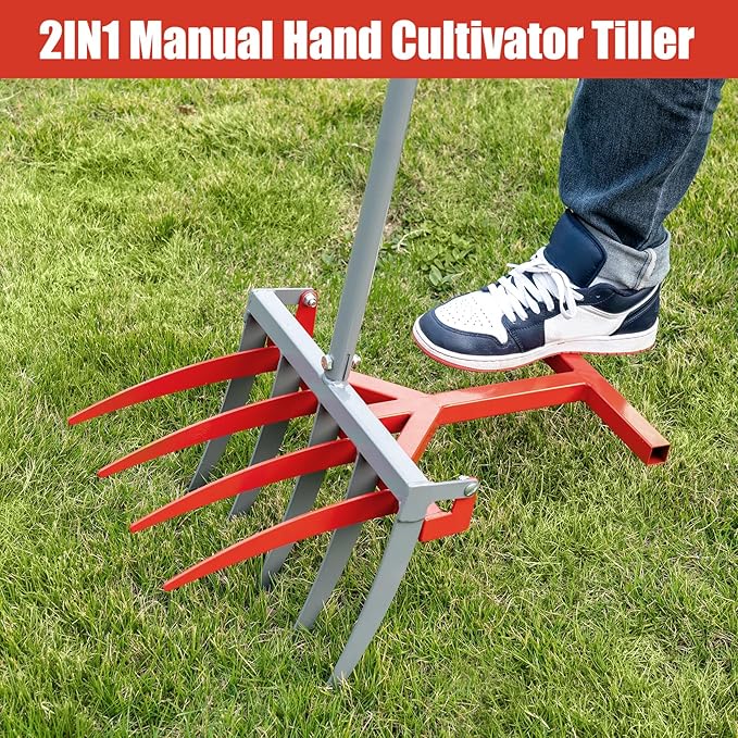 2-in-1 Broad Fork Garden Tool, Manual Hand Cultivator & Tiller, Heavy Duty Twist Tiller with 5+4 Steel Tines, Pitchfork for Soil Loosening, Digging, and Lawn Aeration