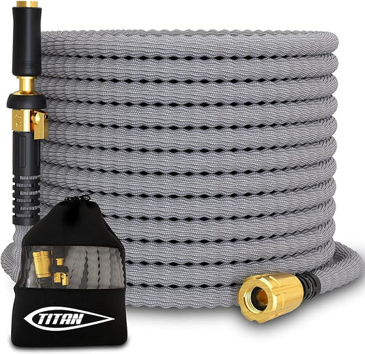 TITAN Flexible Garden Hose 100FT – Ultra Lightweight, Heavy Duty Water Hose with Brass Fittings & Jet Nozzle – Kink-Free, Non-Expanding, Durable Fabric Hose for Yard, Lawn, Car Wash, Outdoor Use