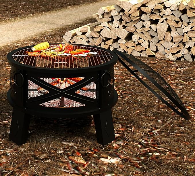 Fire Beauty 26"Steel Fire Pit with Grill Grate&Spark Screen,360° Airflow Boost Technology,Less Smoke,Larger Flames,Heavy-Duty Portable Camping Fire Pit for Backyard,Beach,RV (22lbs,4 Handles,Dual-Use)