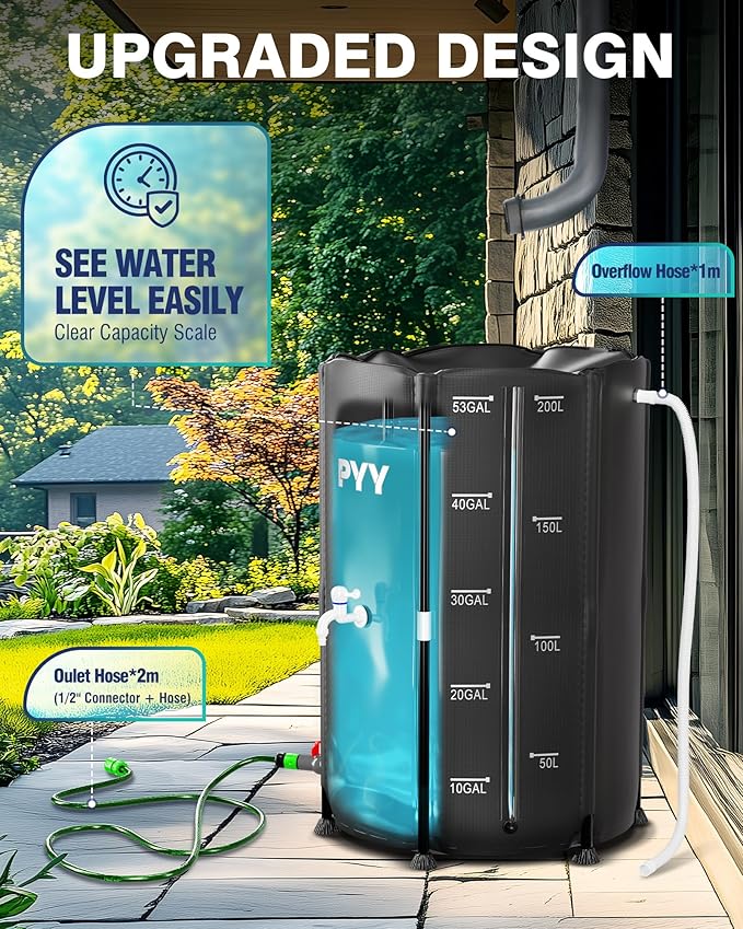 PYY Rain Water Collection Barrel - 53 Gallon Black Water Storage Tank with Spigot, Hose and Portable Bucket, Large Plastic Collapsible Rain Catcher Catchment System to Collect Rainwater from Gutter