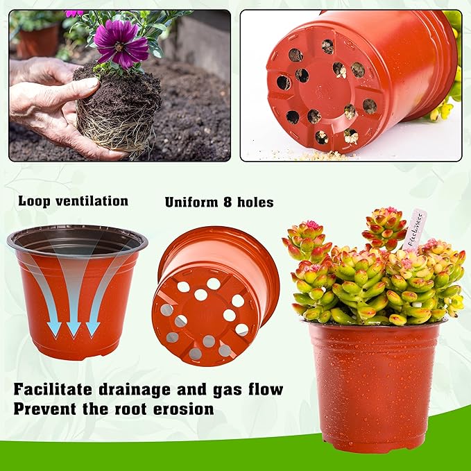 TDHDIKE 6 Inch Plastic Plant Nursery Pot/Pots (200pcs Pots and 200pcs Plant Labels) Seedlings Flower Plant Container (Red) Seed Starting Pots Indoor Outdoor