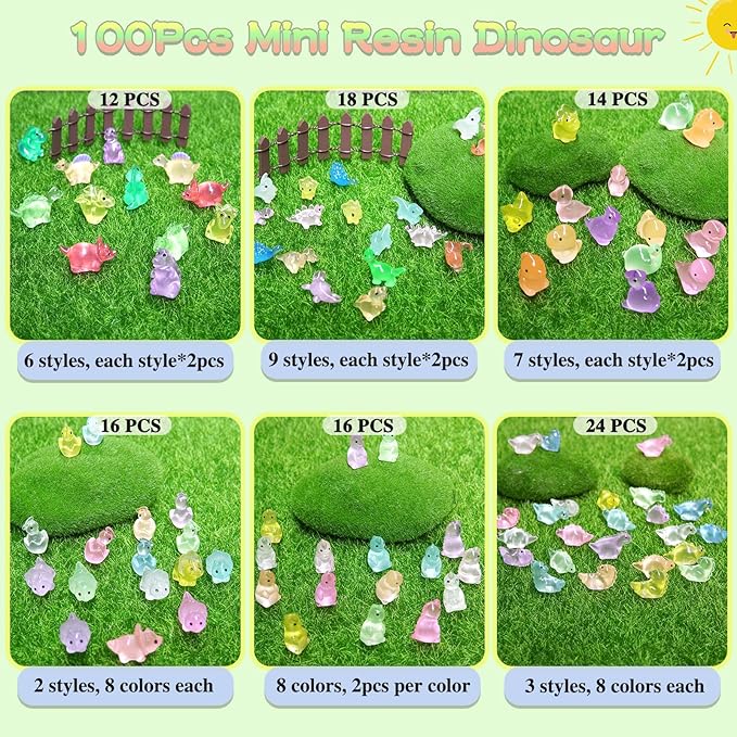 100PCS Luminous Mini Resin Dinosaur Glow in The Dark, 28 Styles Tiny Animals for Hide Garden Micro Landscape Dollhouse Decor Craft