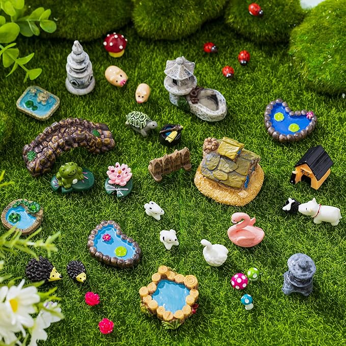 Yalikop 240 Pcs Miniature Garden Accessories, Including Animals, Mini Houses, Table and Chairs and Dollhouse Decoration, Miniature Figurines, Micro Landscape Ornaments, Garden DIY Kit, Birthday Gift