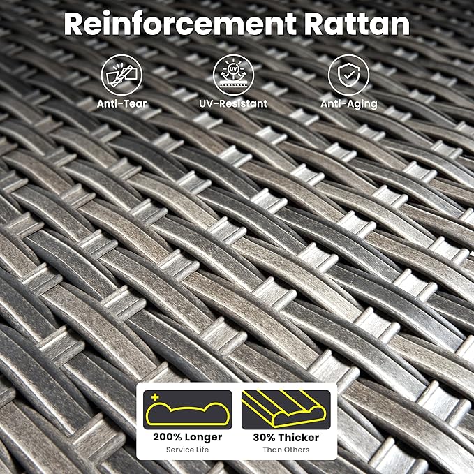 ovios 7 Pieces Patio Furniture Set with 42" Fire Pit Table, Outdoor Sofa Couch with Solar Lights Table Comfy Cushions, Modern Deep Seat Wicker Rattan Conversation Set, Dark Grey