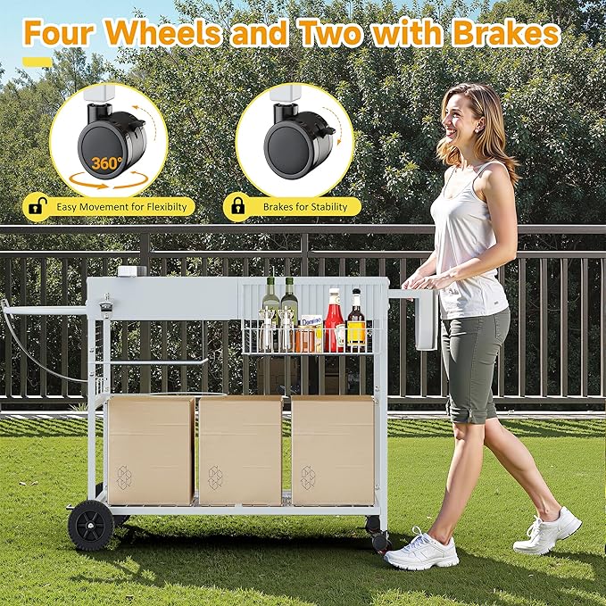 JY QAQA Grill Table for Weber 22" & 18" Original Kettle, Stand Cart for Jumbo Joe, Master-Touch, Performer Charcoal Grills with Sliding Lid Rack, Spacious Surface, Lockable Wheels for Outside