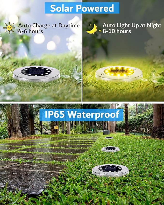 Biling Solar Ground Lights Outdoor 8 Packs, Bright 12 LEDs Solar Lights Outdoor Waterproof, Flat Landscape Lights Solar Powered for Yard Walkway Garden Driveway (Warm White)