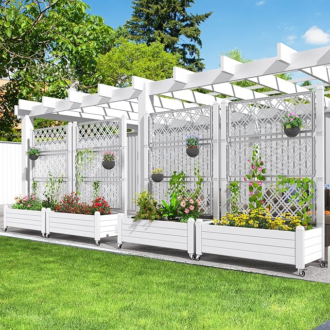 YITAHOME 3.6x1.5x5 FT Planter Box Trellis with Wheels, Large Outdoor Plastic Raised Garden Bed with Drain Plug for Climbing Plants, Grayish-White