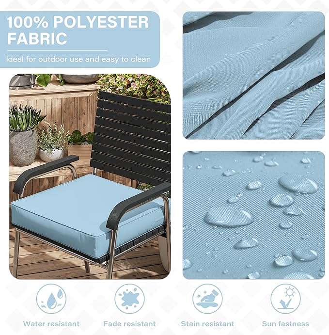 Patio Chair Cushions 19 X 19 X 4 Inch Waterproof Outdoor Seat Cushions for Patio Furniture, Outdoor Sofa Couch Pads with Ties & Handle, Set of 2, Light Blue