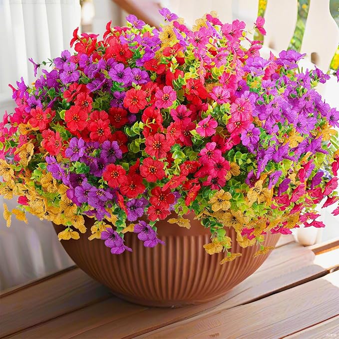 36 Bundles Artificial Flowers Outdoors UV Resistant Fake Plastic Spring Mum Flowers Colorful Silk Plants for Outside Porch Window Patio Home Decor(36, Red, Purple, Yellow, Rose Red)