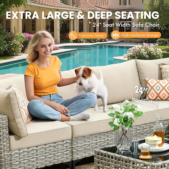 Outdoor Sectional Patio Furniture Set with Glowing Table,5 Pieces Wicker Conversation Sets L Shaped Couch Out Door Sofa Set Outside Furniture for Garden Deck Yard Porch,Beige