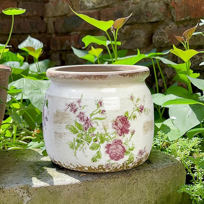 Vintage Ceramic Ice Crack Flower Pot with Drainage Holes, Country Rustic Planters for Indoor and Outdoor,Tuscan Decor,Home,Living Room, Garden Decor, Gardening Gift (Garden)