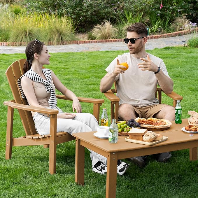 Stackable Adirondack Chair, HDPE Outdoor Patio Chair - Durable and Space Saving, Suitable for Porches, Lawns or Garden, Teak