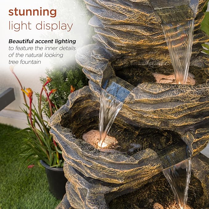 Alpine Corporation GIL110 Outdoor 5 Tiered Natural Look Rock Water Floor Fountain with Replaceable Lights,39" H, Brown