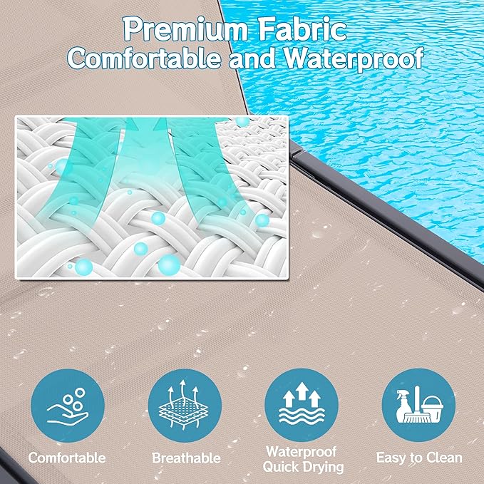 Outdoor Chaise Lounge Chair Set of 2, Foldable & Assemble-Free, 6 Adjustable Positions, Durable Rust-Resistant Frame, Portable Outdoor Pool Lounge Chairs for Pool Patio Beach, Khaki