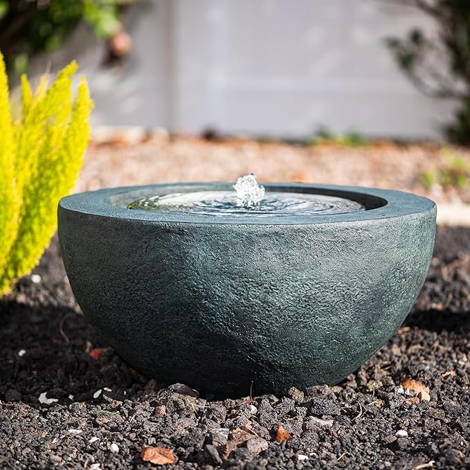 Xbrand 19.8" W Round Polyresin Indoor/Outdoor Sphere Water Bowl w/LED Light, Patio Water Fountain Decor, Dark Green, AMS3542-2