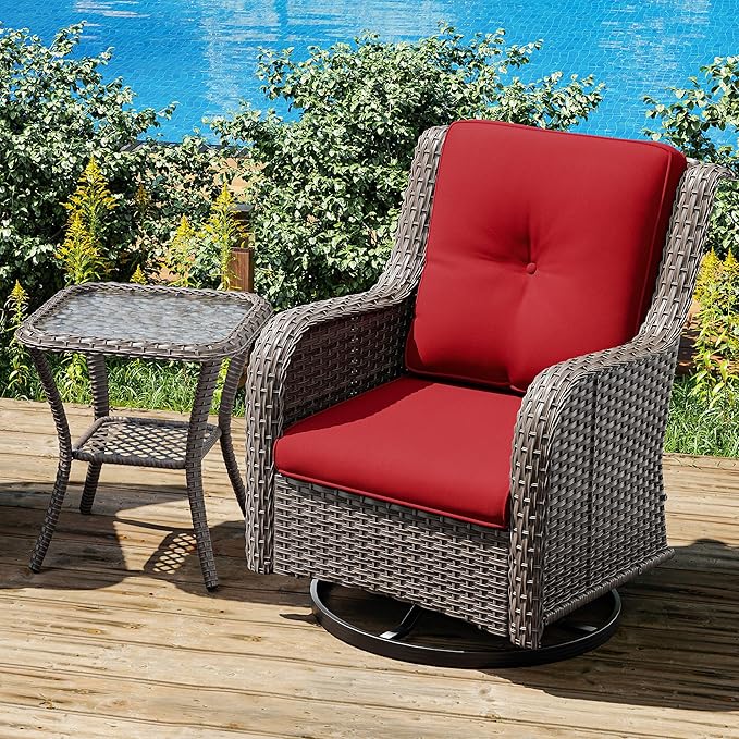 Joyside Outdoor Swivel Rocker Patio Chair and Matching Side Table - 2-Piece Wicker Patio Bistro Set with Premium Fabric Cushions (Brown Mixed with Grey/Red)