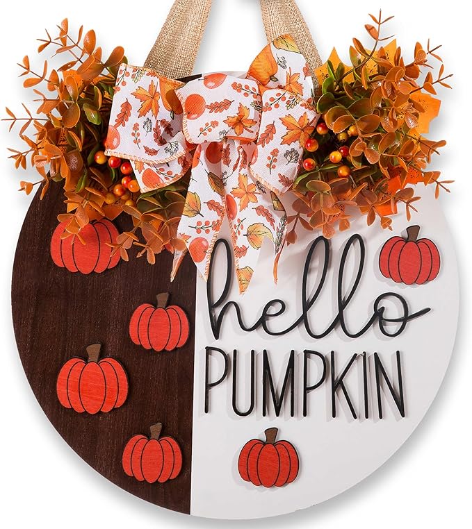 3D Hello Pumpkin Wooden Sign, Fall Outdoor Wreath for Front Door with Bow & Wreath | Fall Autumn Harvest Farmhouse Hanging Decor | Indoor Outdoor Porch, Wall, Home Decor