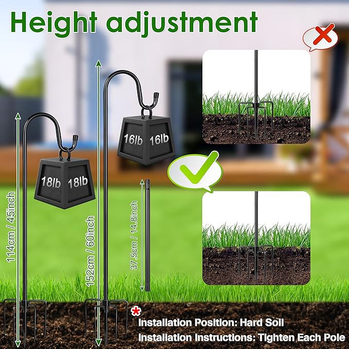 XDW-GIFTS Bird Feeder Pole for Outdoor, 2-Pack 60 Inch Shepherds Hooks Heavy Duty Garden Pole for Hanging Plant Basket, Solar Light Lanterns, Garden Plant Hanger Stands with 5 Base Prongs
