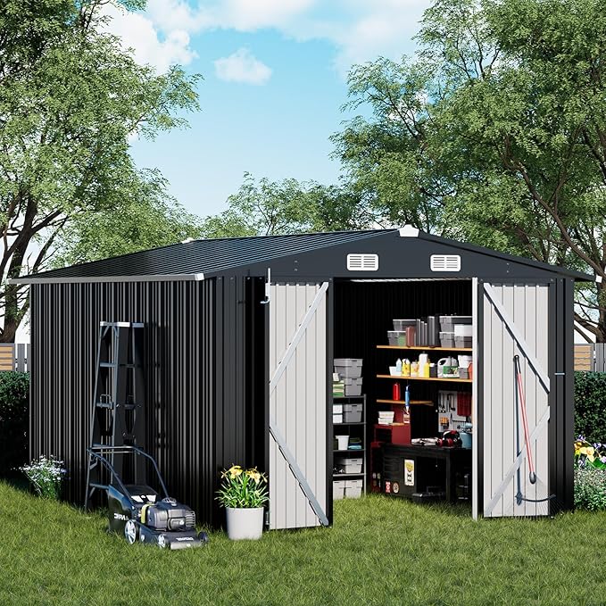 COMHOMA Shed Outdoor Storage Shed Metal,Lockable Doors Tool Sheds with Sloping Roof,Steel Garden Shed with Air Vent for Backyard,Patio,Lawn,Poolside (Grey, 10'*12')