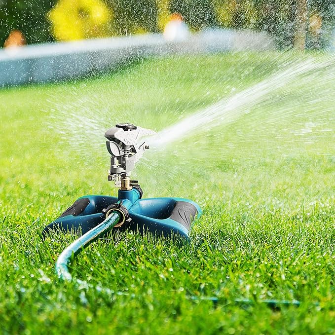 Lawn Sprinkler with Metal Head - 360 Degree Pulsating Garden Water Sprinkler for Lawn - Waters up to 85 feet in Diameter, Adjustable Spraying Area and Distance