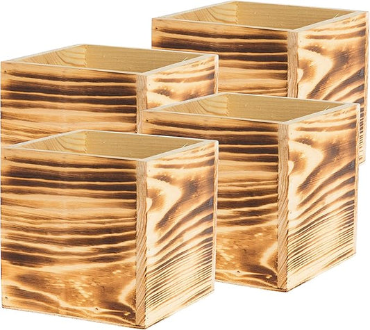 Wooden Planter Box, Rustic Burned Wood/Whitewash with Plastic Liner l Garden Decor l Restaurant and Wedding Decorations l Wood Box (5x5 Set of 4, Burned Wood)