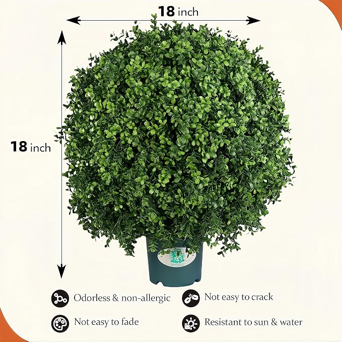 QIANYUN Artificial Topiary Trees Outdoor – 18 Inch Fake Boxwood Plants, UV Resistant Faux Shrubs for Outdoor/Indoor Decor, Perfect for Porch, Garden, Backyard